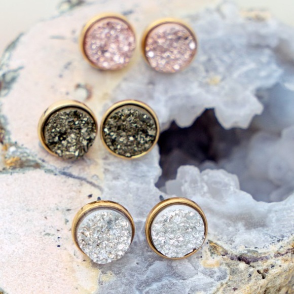 Boho Gold Mini Druzy Sparkling Stud Earrings - Picture 2 of 3